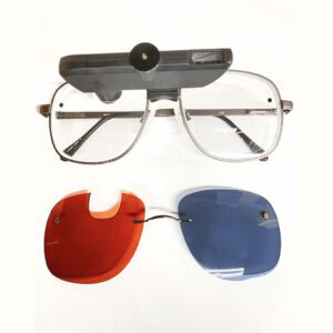 Mounted Digital Loupe on silver glasses with interchangeable dark lenses on chem clip with cutout.
