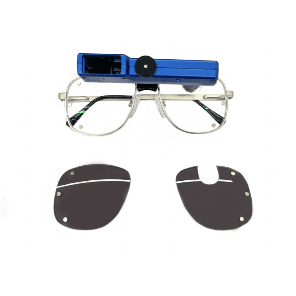Mounted Digital Loupe on silver glasses with interchangeable dark lenses on chem clip.