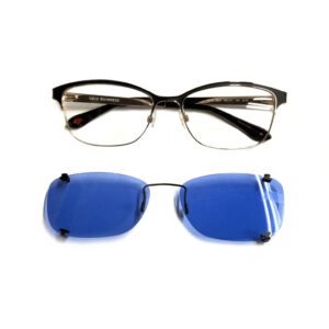 Cat-rye glasses and E-clip from Chadwick Optical with blue tinted lenses.