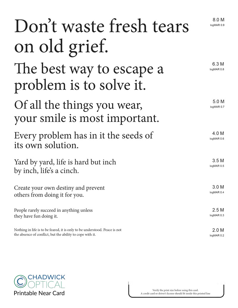 Chadwick Optical Printable Near Card helps patients who struggle with close-up reading, offering easy-to-read motivational quotes.