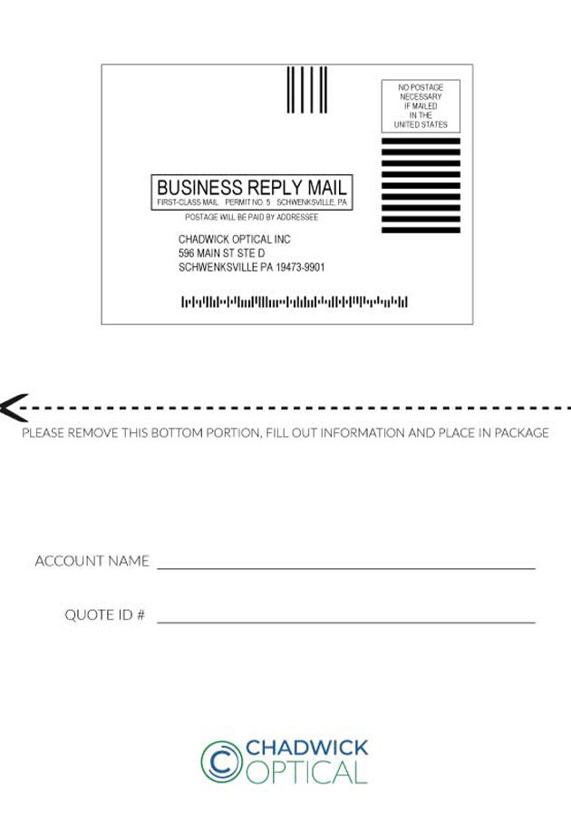 A business reply mail form for Chadwick Optical with fields for account name and quote ID.