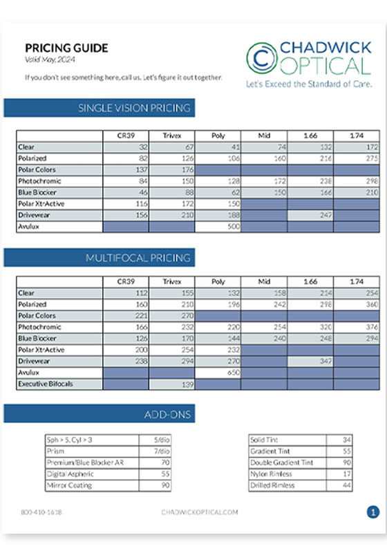 Chadwick Optical pricing guide for single vision and multifocal lenses, May 2024.
